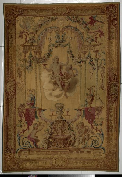 Tapeçaria com Bacchus como personificação do Outono
Portières des dieux (título da série) de Manufacture Royale des Gobelins