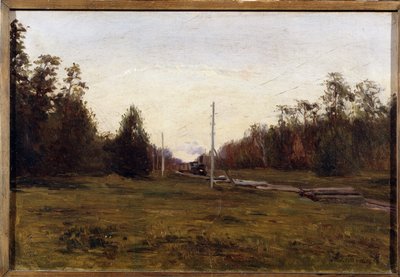 Paisagem com um trem. Pintura de Manuil Christoforovich Aladzhalov (1862-1934). Óleo sobre cartão, 29,5 x 43,5 cm. Arte russa do início do século 20. Museu de Arte Regional, Plyos. ©FineArtImage/Leemage de Manuil Christoforovich Aladzhalov