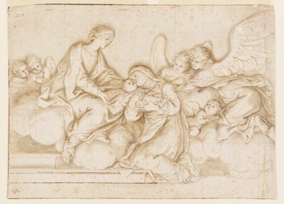 Projeto para uma pintura de parede monocromática, Igreja de Corpus Domini, Bolonha, Itália, Santa Caterina Vigri recebe o bebê da Virgem de Marc Antonio Franceschini