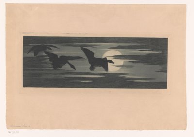 Três patos passando pelo sol poente de Marc Henry Meunier (attributed to)