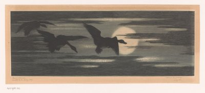 Três patos a migrar para além do sol poente de Marc Henry Meunier (attributed to)