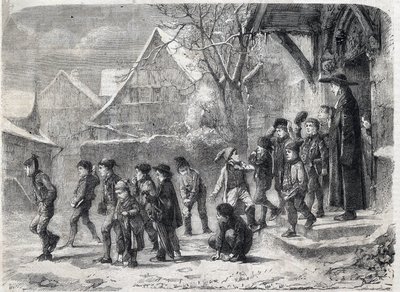 Fora da escola no inverno. Gravura depois de uma pintura de M. B. Vautier em "The Universe Illustrous". de Marc Louis Benjamin (after) Vautier