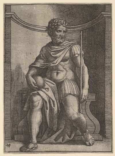 Um imperador romano sentado em um nicho, segurando um globo e um cetro e olhando para o ..., ca. 1500-1534. de Marcantonio Raimondi