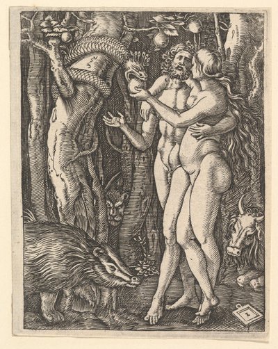 Adão e Eva com maçã e serpente, ca. 1500-1534. de Marcantonio Raimondi