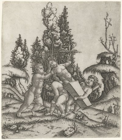 Amor e dois putti ou crianças transportam estátua de putti com âncora alada sobre pedestal de Marcantonio Raimondi