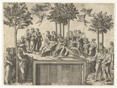 Apollo e musas no Monte Parnassus de Marcantonio Raimondi