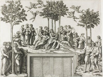 Apolo no Parnaso, cercado pelas musas e poetas de Marcantonio Raimondi