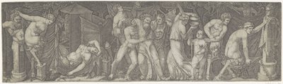 Bacanal com Bacchanal bêbado e sátiros e feixes lunares de Marcantonio Raimondi