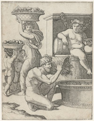 Baco observa enquanto um homem, uma mulher e duas crianças carregam cestas de uvas para a preparação do vinho Vinificação de Marcantonio Raimondi