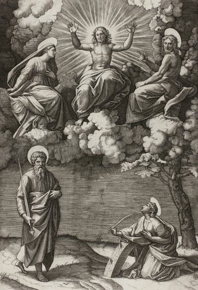 Cristo, a Virgem e São João Batista com os Santos Paulo e Catarina de Marcantonio Raimondi