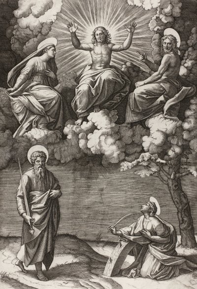 Cristo, a Virgem e São João Batista com os santos Paulo e Catarina, 1520-25 de Marcantonio Raimondi