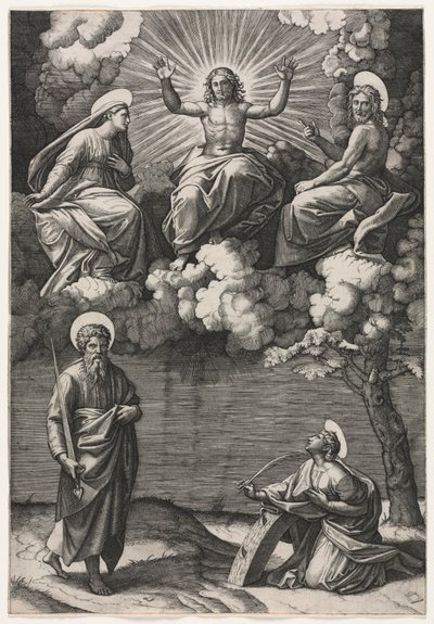 Cristo, a Virgem e São João Batista com os Santos Paulo e Catarina de Marcantonio Raimondi