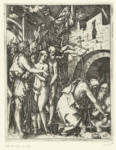 Cristo deixa o inferno e liberta patriarcas e profetas e outros Paixão de Cristo (título da série) de Marcantonio Raimondi