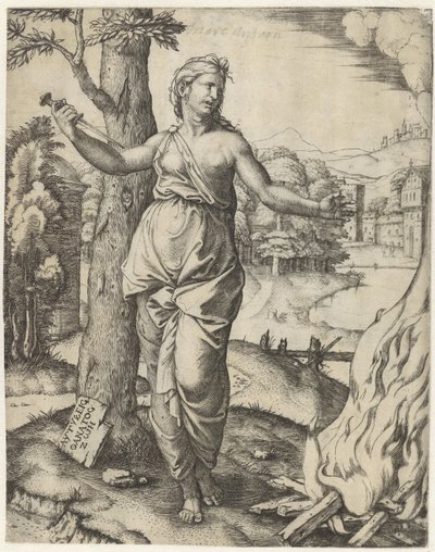 Dido se mata com punhal ao lado de pira de Marcantonio Raimondi