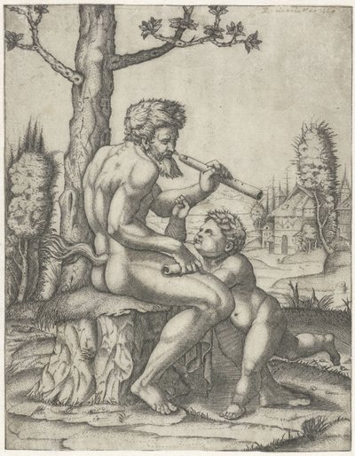 Fauno com flauta toca com criança de Marcantonio Raimondi