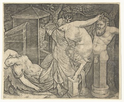 Fragmento de bacanal com mulher satyr e herme e bacante adormecido de Marcantonio Raimondi