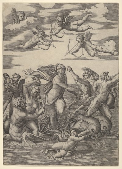 Galatea em pé numa carruagem puxada por dois golfinhos, cercada por tritões, nere ..., 1515-16. de Marcantonio Raimondi
