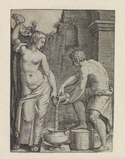 Mulher semi-nua lava com esponjas e o tratador de homens deita água no recipiente
Mulher com as duas esponjas de Marcantonio Raimondi
