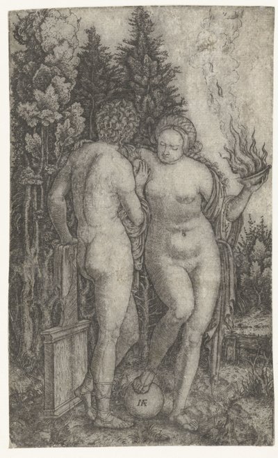 Jovem protegido por mulher com globo e oferecendo tigela como a personificação da Fortuna (Fortuna) de Marcantonio Raimondi