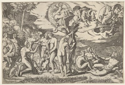 Julgamento de Paris: Paris estende a mão para Vênus, que fica entre Juno e ..., ca. 1520-50. de Marcantonio Raimondi