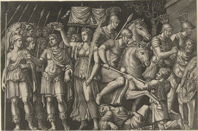 O Imperador Trajano coroado por Vitória está ao lado da personificação feminina de Roma e Romanos em batalha com Dacianos de Marcantonio Raimondi
