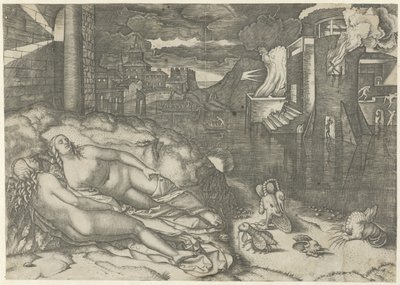 Paisagem com duas mulheres nuas a dormir e animais de fantasia na margem perto da água com edifício em chamas
Sonho de Rafael de Marcantonio Raimondi