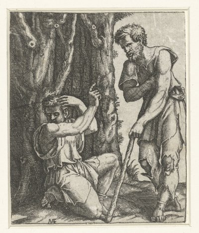 O homem ajoelha-se e afasta-se do mendigo na orla da floresta de Marcantonio Raimondi