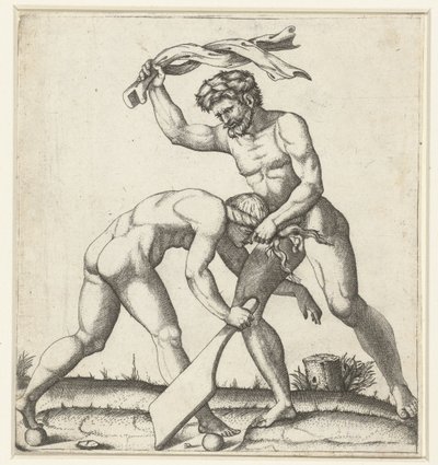 Homem lutando mulher como personificação da Fortuna (Fortuna) de Marcantonio Raimondi