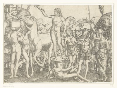 Homem nu com tocha fica no pedestal cercado por homens nus com cavalo e vaso e soldado ladeado pelas virtudes Prudência e Amor de Marcantonio Raimondi