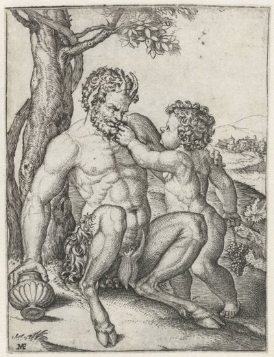Panela com taça e Bacchus em criança com cacho de uvas de Marcantonio Raimondi