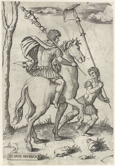 Generais romanos Scipio Africanus Maior a cavalo e Scipio Africanus Menor
Heróis romanos a cavalo (título da série) de Marcantonio Raimondi