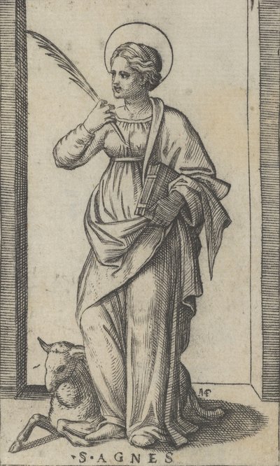 Santa Agnes com uma palma na mão direita, uma ovelha na parte inferior esquerda, de..., ca. 1500-1527. de Marcantonio Raimondi