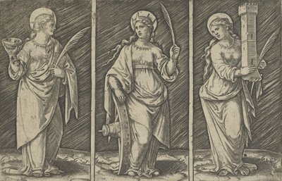 Santa Bárbara à esquerda, Santa Catarina, centro, Santa Lúcia à direita, ca. 1500-1527., c. 1500-1527. de Marcantonio Raimondi