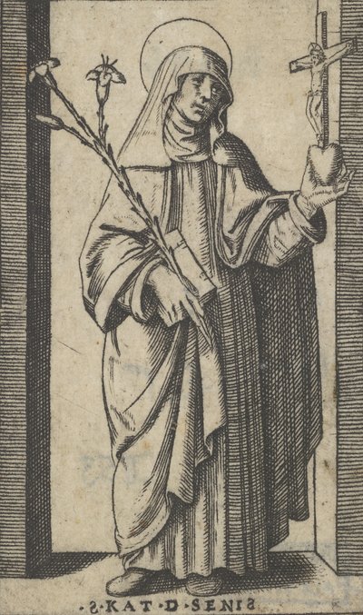 Santa Catarina de Siena de pé com flores e livro na mão direita, uma h..., ca. 1500-1527. de Marcantonio Raimondi