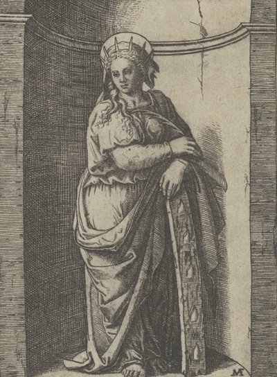 Santa Catarina de pé em um nicho, apoiada sobre uma roda, seu instrumento de tortura..., ca. 1500-1527. de Marcantonio Raimondi