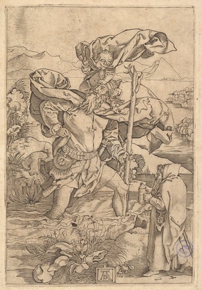 São Cristóvão atravessando o rio com Cristo em forma de putto no seu sh ..., ca. 1500-1534. de Marcantonio Raimondi
