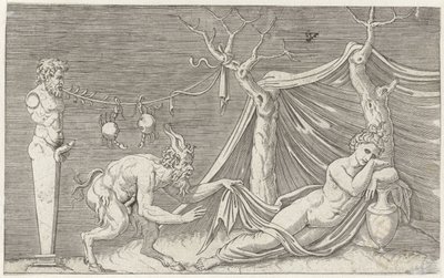 Satyr persegue uma ninfa adormecida
Representações mitológicas após os antigos baixos-relevos (título da série) de Marcantonio Raimondi