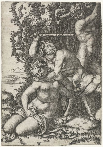 Satyr e o jovem lutando por ninfa de Marcantonio Raimondi