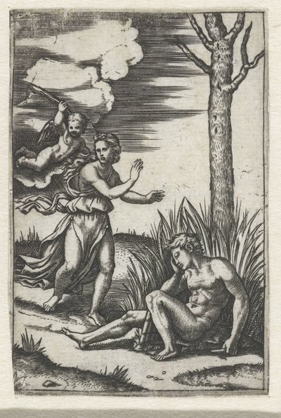 Homem adormecido e ninfa perseguidos por Amor de Marcantonio Raimondi