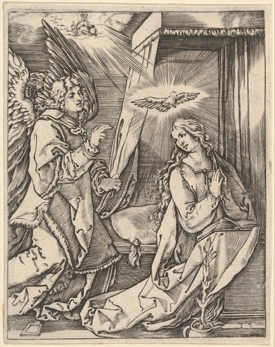 A Anunciação, à esquerda, o Arcanjo Gabriel se aproxima da Virgem em oração ..., ca. 1500-1534. de Marcantonio Raimondi