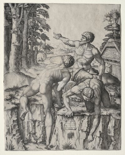 Os Alpinistas (Três Figuras da Batalha de Cascina de Michelangelo) de Marcantonio Raimondi