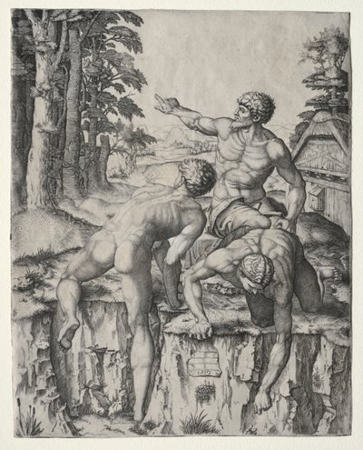 Os escaladores três figuras da batalha de Michelangelos de Cascina, 1510. de Marcantonio Raimondi