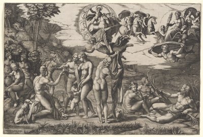 O Julgamento de Paris: sentado à esquerda com Vénus, Juno e Palas Atena, com uma vitória alada por cima, c.1510-20 (gravura) de Marcantonio Raimondi