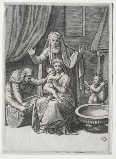 A Virgem e o berço com Santa Isabel e Santa Ana, 1520. de Marcantonio Raimondi