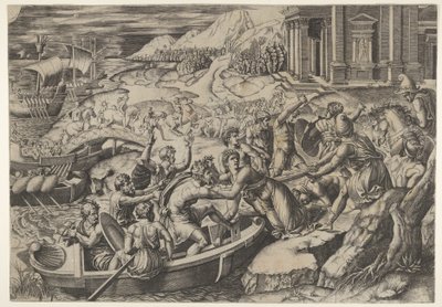 O sequestro de Helen, cena de batalha em uma praia com dois homens puxando Helen para um ba ..., ca. 1520-27. de Marcantonio Raimondi
