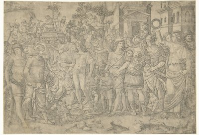 Procissão triunfante do imperador romano com soldados e armadura capturada de Marcantonio Raimondi