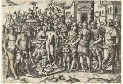 Procissão triunfal do imperador romano com soldados e armaduras saqueadas de Marcantonio Raimondi