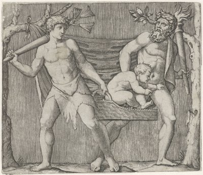 Dois faunos carregam uma criança num cesto de Marcantonio Raimondi