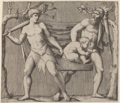 Dois faunos carregando uma criança de Marcantonio Raimondi