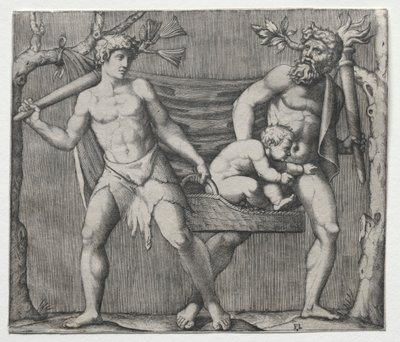 Dois Fauns carregando uma criança em uma cesta, c. 1513-1515. de Marcantonio Raimondi